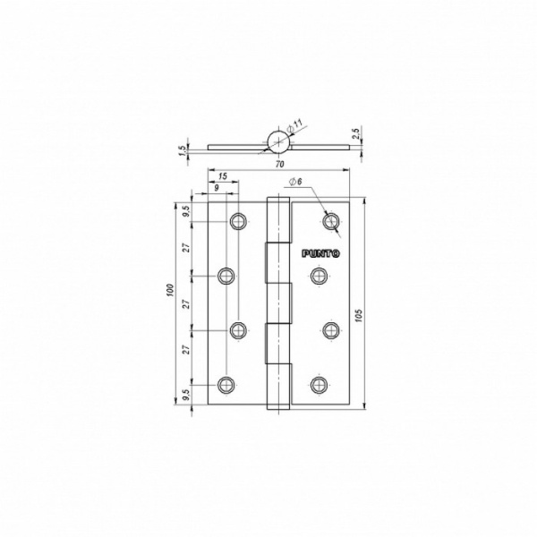 Петля для межкомнатной двери универсальная 0B 100*70*2.5 PB (латунь)