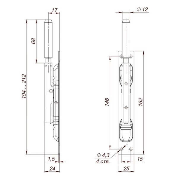 Задвижка торцевая TDB set 160-24 в комплекте с ригелем D12x80 мм