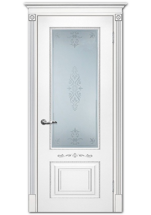 Межкомнатные двери модель Смальта 04 Белый ral 9003 патина серебро Сатинат