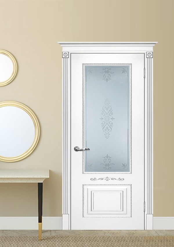 dveri mezhkomnatnyie dveri krashenyie emal model smalta 04 belyiy ral 9003 patina serebro satinat peskostruynaya obrabotka stil klassika 02 Межкомнатная дверь из коллекции Смальта-Deco. Модель Смальта 04 — Классический дизайн в белых цветах и слоновой кости, с применением серебряной и золотой патины и 3D рисунков, делают эти модели украшением любого интерьера. В этой коллекции представлены полотна в эмали, с возможностью окрашивания по системе RAL цвета №7032, 7015, 7040, 7047, 9010, с применением различных технологий сборки и фрезеровки. Серия Смальта-Deco, одна из самых востребованных и популярных коллекций. Двери покрытые высокопрочной эмалью, набирают популярность, как у дизайнеров, так и у простых покупателей. <a href="#opisglav">Подробнее</a>