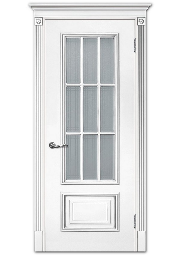 Межкомнатные двери модель Смальта 08 Белый ral 9003 патина серебро Сатинат